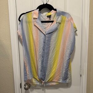 Torrid Yellow and Pink Button Down Shirt with Notched Collar and Cap Sleeves